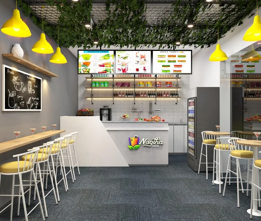 Juice Bar Smoothie Shop Displays | Counters, Furniture Shelves – Vibrant Wood‑Toned Store Design for Fresh‑Pressed Mash Juice