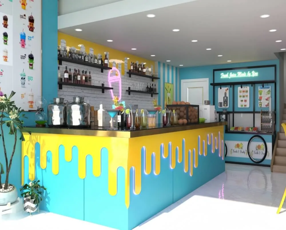 Juice Bar Smoothie Shop Displays | Counters, Furniture Shelves – Vibrant Wood‑Toned Store Design for Fresh‑Pressed Mash Juice