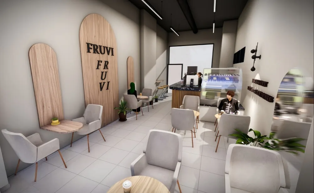 Juice Bar Smoothie Shop Displays | Counters, Furniture Shelves – Vibrant Wood‑Toned Store Design for Fresh‑Pressed Mash Juice