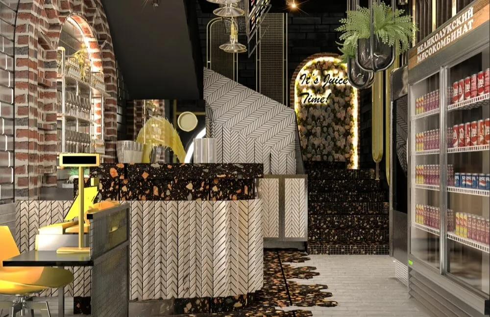Juice Bar Smoothie Shop Displays | Counters, Furniture Shelves – Vibrant Wood‑Toned Store Design for Fresh‑Pressed Mash Juice