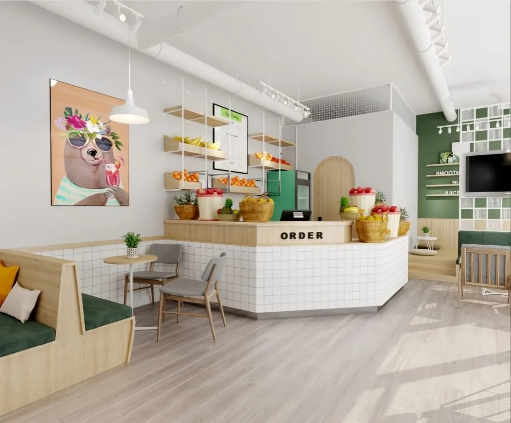 Juice Bar Smoothie Shop Displays | Counters, Furniture Shelves – Vibrant Wood‑Toned Store Design for Fresh‑Pressed Mash Juice