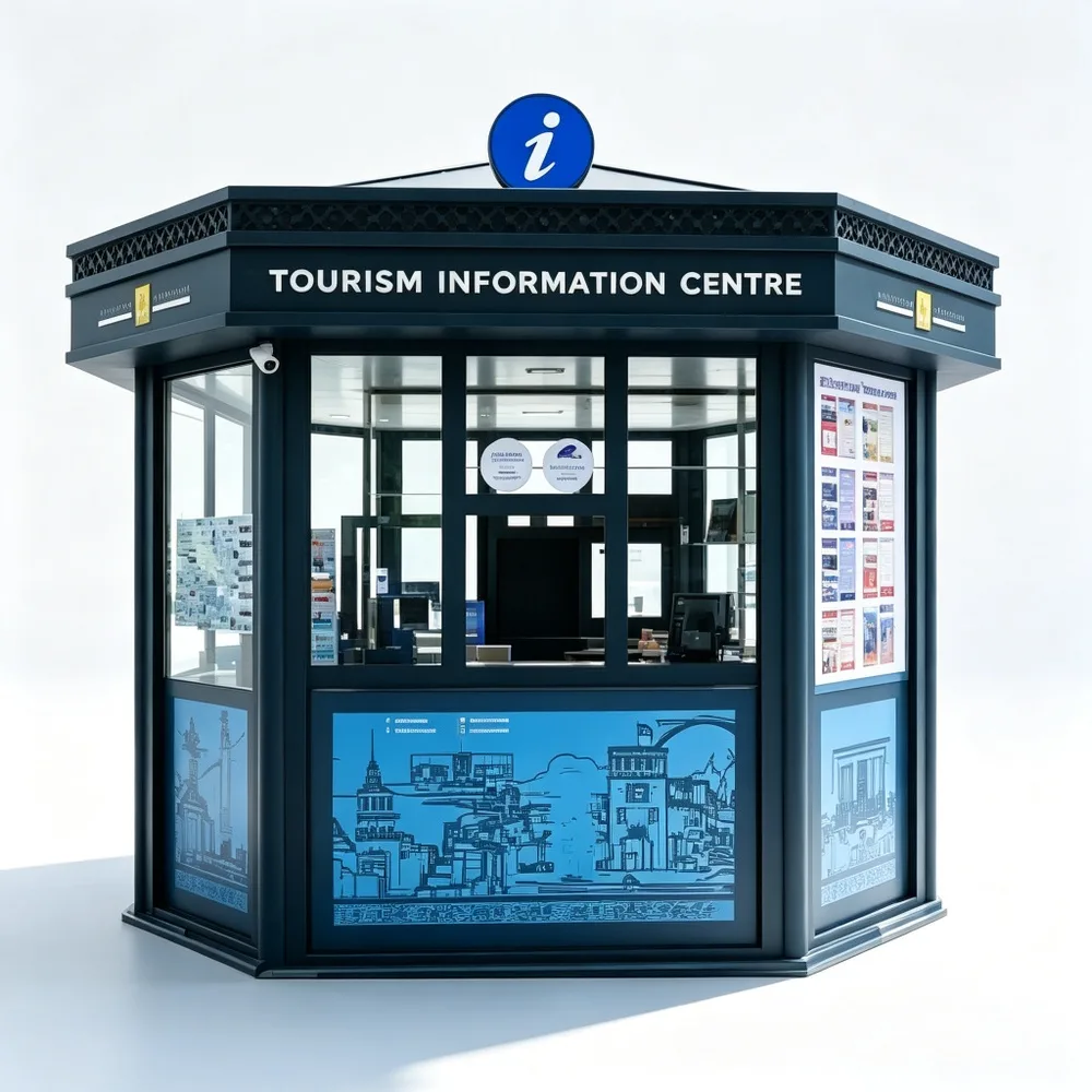 Outdoor Octagonal Tourist Information Kiosk – Custom Galvanized Steel Frame Tempered Glass Visitor Service Booth for Scenic Areas