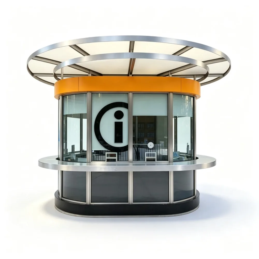 Modern Cylindrical Outdoor Information Kiosk with Canopy Roof – Custom Stainless Steel Curved Glass Visitor Booth for Urban Plazas