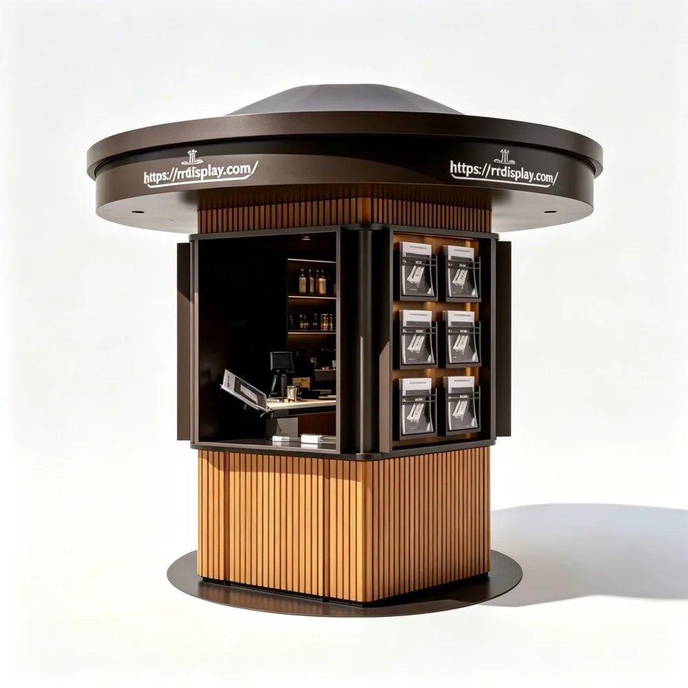 Compact Cylindrical Outdoor Visitor Kiosk with Wood Slats – Custom Dark Metal Frame Brochure Display Information Booth for Parks