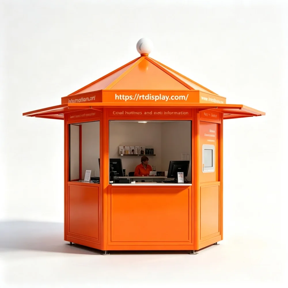 Square Outdoor Information Kiosk with Pyramid Roof – Custom Bright Orange Metal Panel Visitor Service Booth with Awning for City Streets