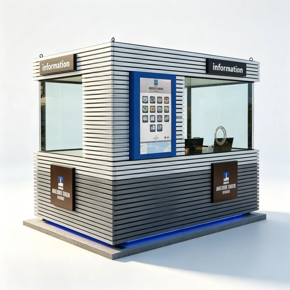 Modern Outdoor Information Kiosk with Horizontal Slats – Custom White Metal Frame Digital Touchscreen Visitor Service Booth for Coastal Town