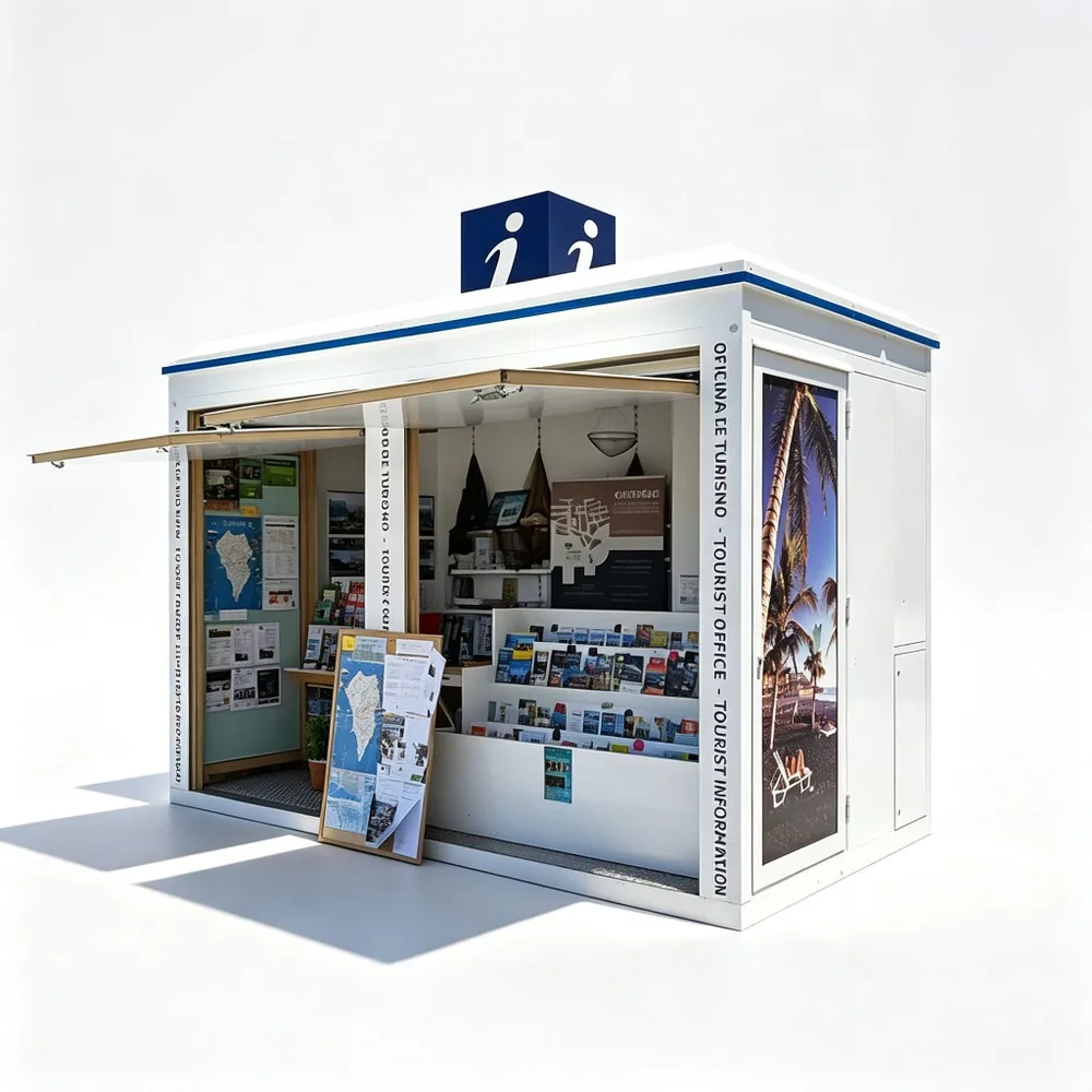 Open-Front White Tourist Office Kiosk with Fold-Up Awning – Custom Metal Frame Brochure Display Visitor Information Booth with Blue Info Sym