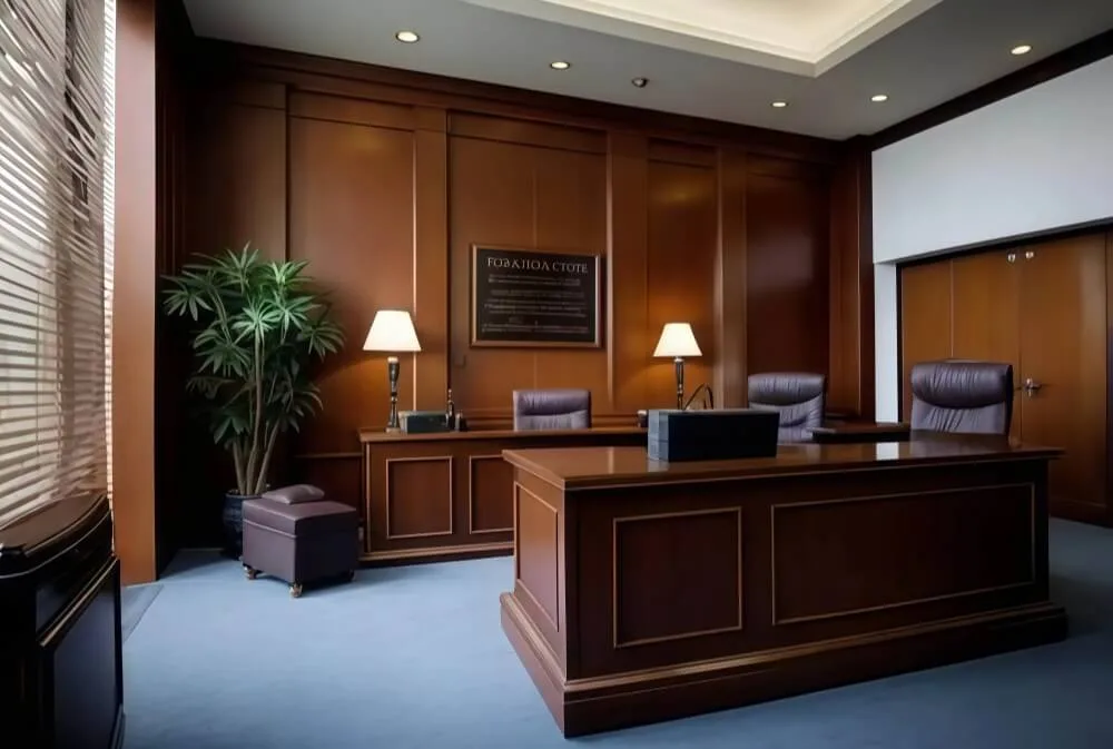 Law Office Furniture, Design Decoration – Fashion Law Firm Design with Marble Laminate Reception Desk and Wooden Furniture im