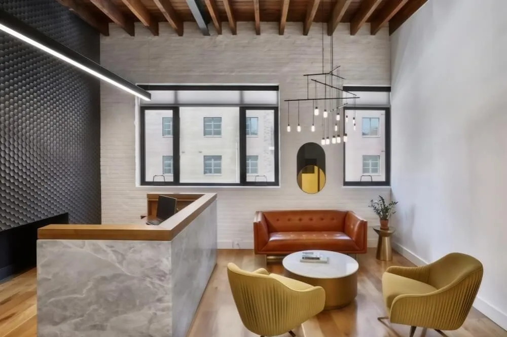 Law Office Furniture, Design Decoration – Fashion Law Firm Design with Marble Laminate Reception Desk and Wooden Furniture im