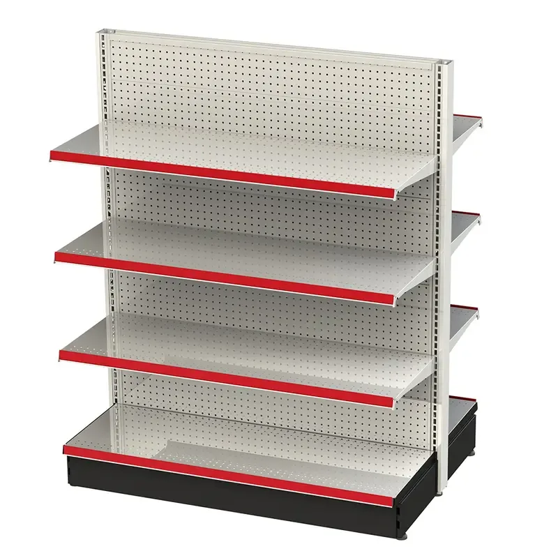 Cream pegboard gondola shelving with red shelf-edge strips