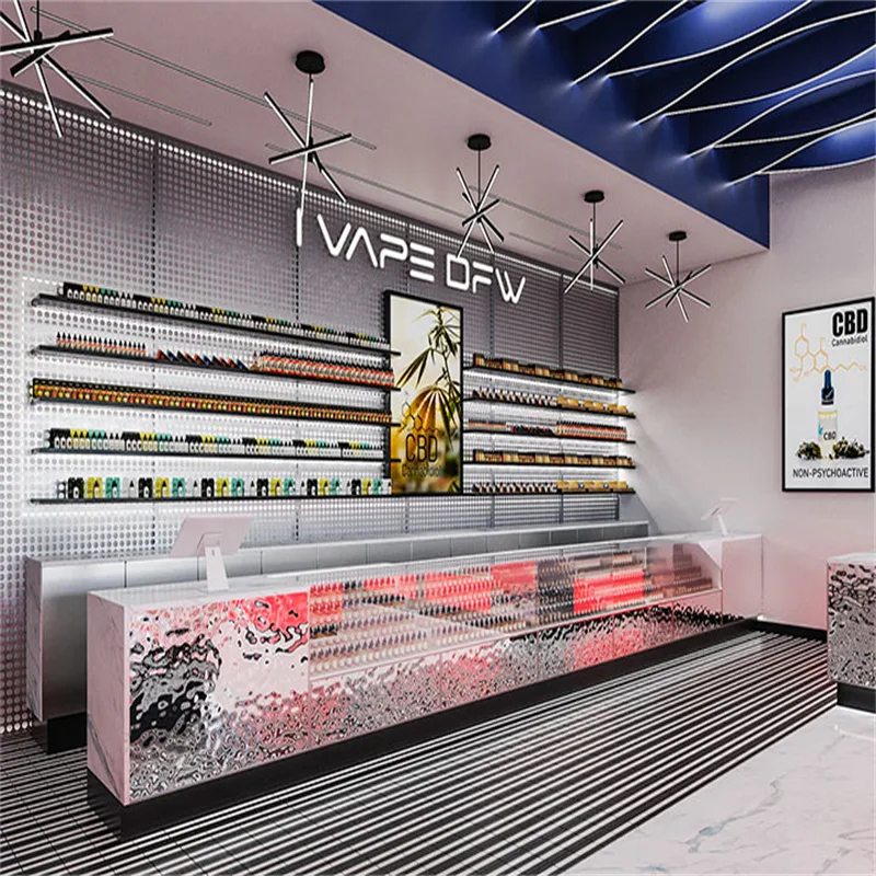 Vape Shop Displays, Interior Design Store Fixtures – Custom smoke shop furniture design with unique vape wall cabinet glass m
