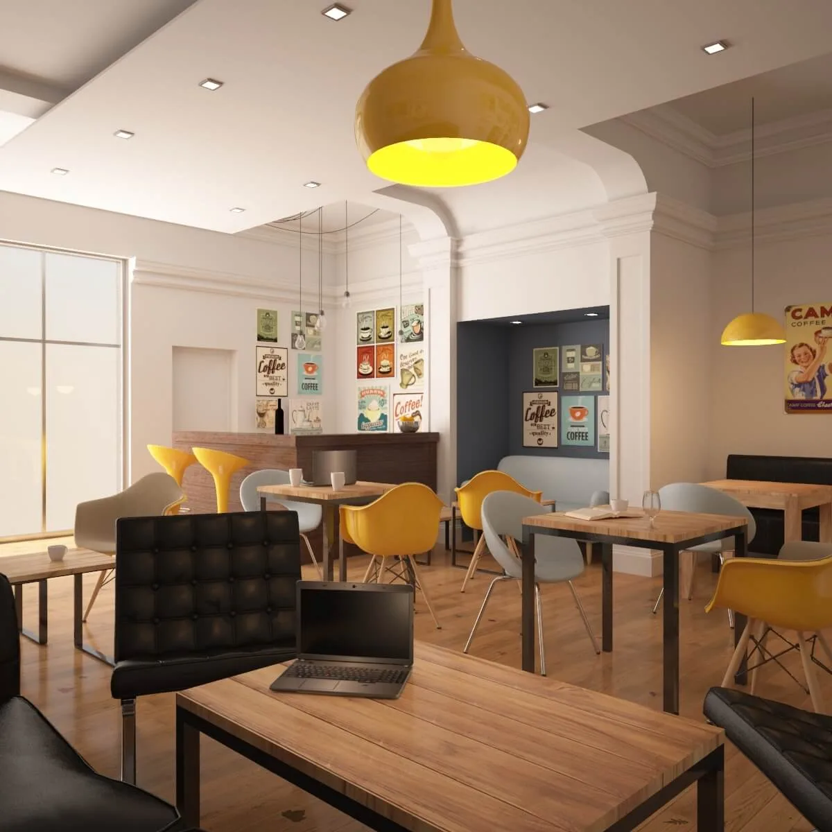 Modern Minimalist Style Coffee Shop and Dark Wooden Bar Counter  with Yellow Bar Stools for Sale