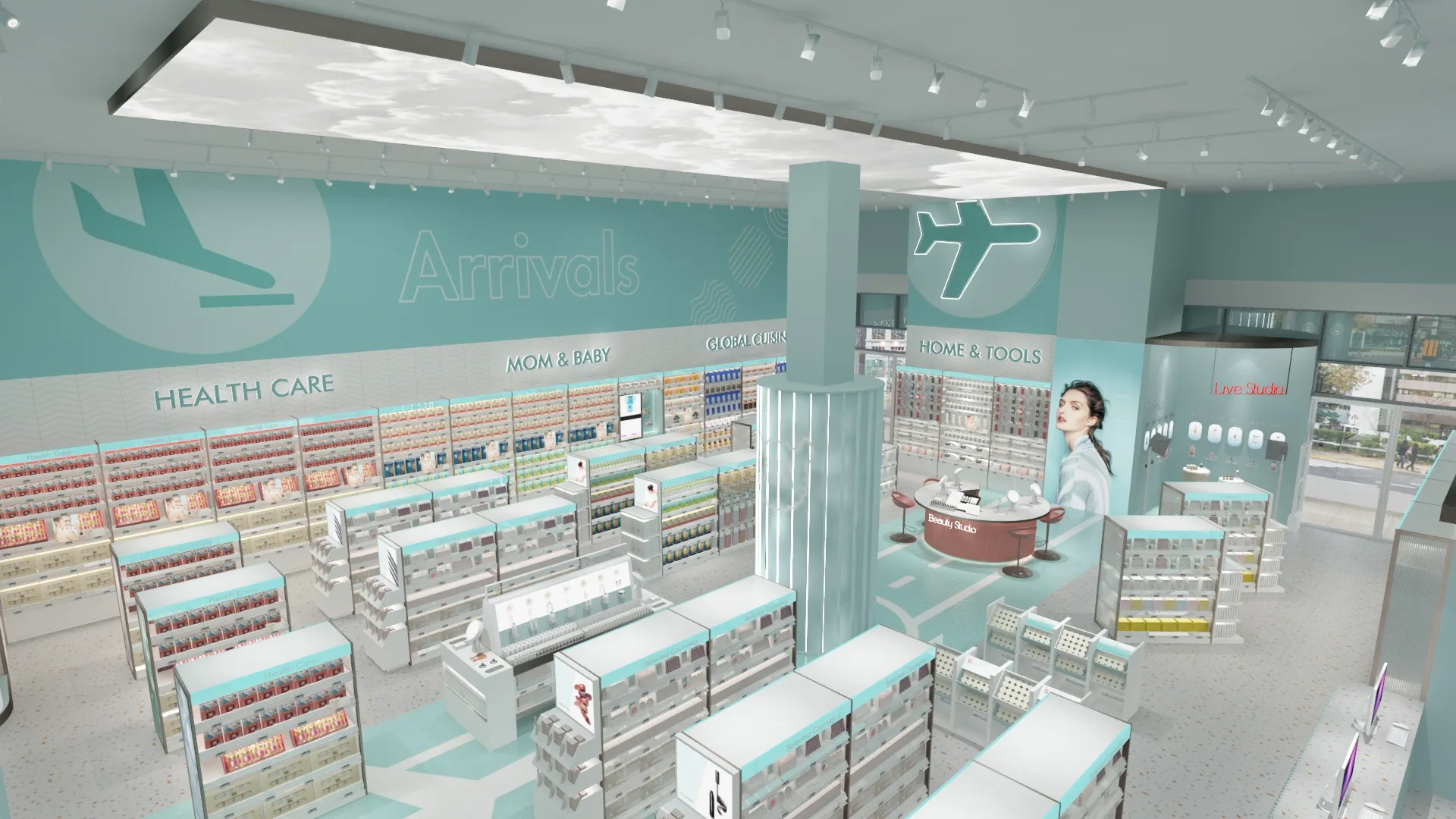 Airport large makeup duty-free shop Cosmetics shop design skin care counter modern home decor shop displays
