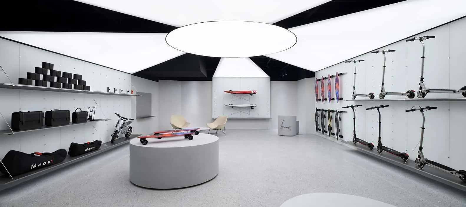 E-Scooter Store Design, Hoverboard Displays Shelving – Tech-Forward Hoverboard & E-Scooter Shop Design With Led Lighted Displ