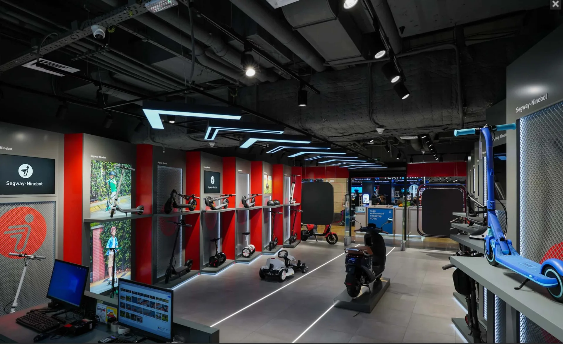 E-Scooter Store Design, Hoverboard Displays Shelving – Tech-Forward Hoverboard & E-Scooter Shop Design With Led Lighted Displ