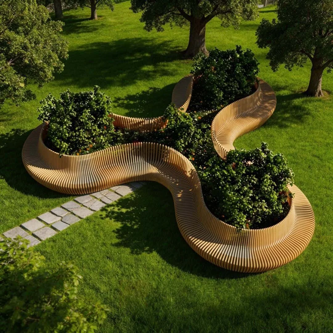 Custom Parametric Wave Wooden Planter Bench — view 2