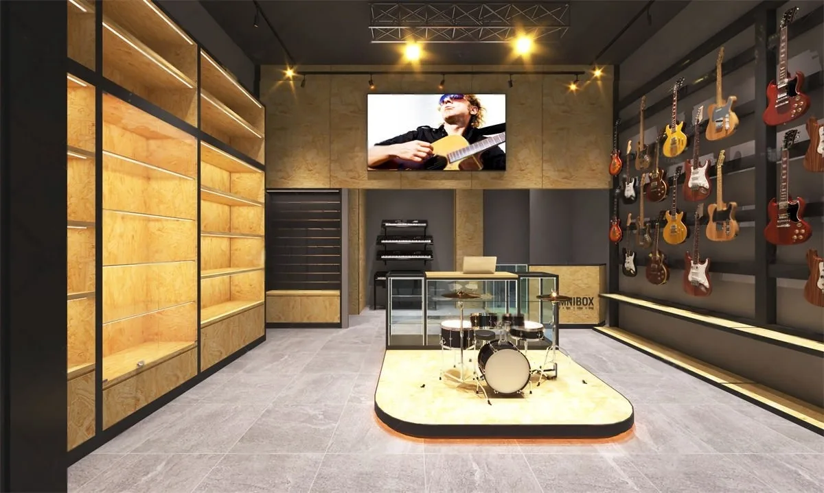 Omnibox Guitar & Instruments Music Store Design With Wooden Shelves & Retail Racks
