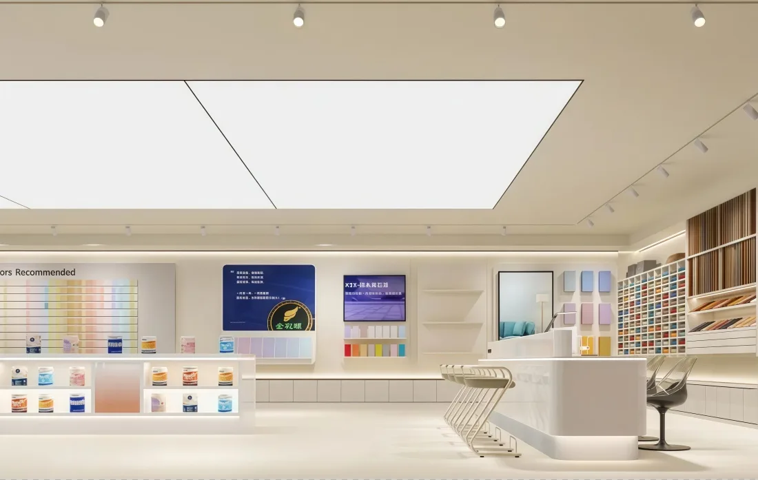 Paint Shop Design, Displays Store Fixtures – Vibrant Opus Paint Shop Interior Design With Functional Display Racks, Shelves &