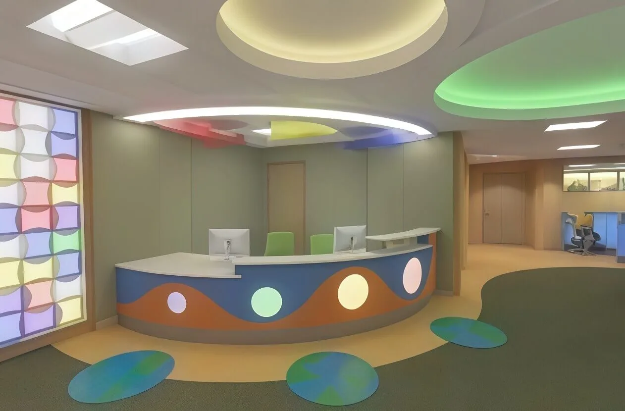 Pediatric Clinic Design, Furniture Decorations – Charming circular-themed children’s clinic design with arc-shaped reception