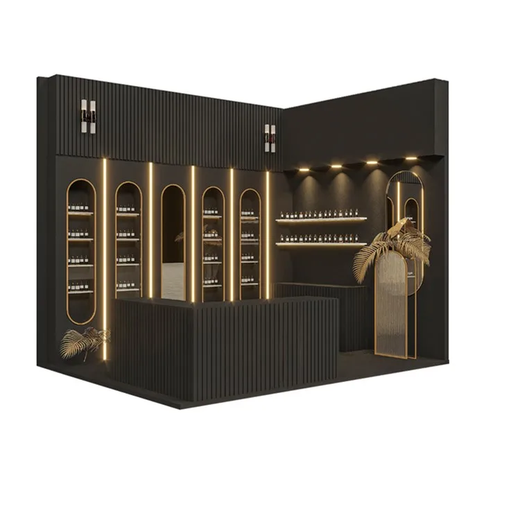 Modern Luxury Black and Gold Arch-Lit Perfume Kiosk with LED Lights