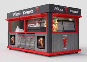 Outdoor Kiosk Booth For Sale | Custom Design – Cream‑Colored Outdoor Food Kiosk With Branding Display & Service Window image 