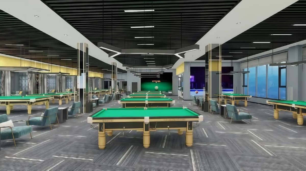 Billiard Hall Design, Pool Hall Fixtures, Furniture Signages – Modern Billiard Hall Design With Wall Decors & Display Fixture