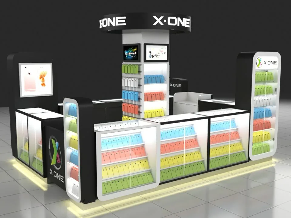 Custon cell phone shop design counter with glass display booth in shopping mall for sale