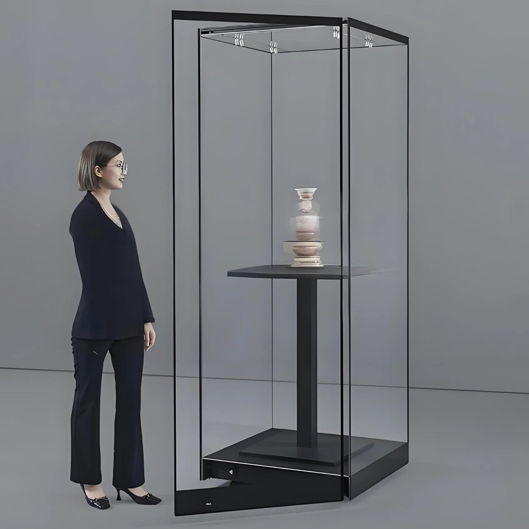 RT06 Hinged Door Frameless Modular Glass Display Case with Lights For Museum