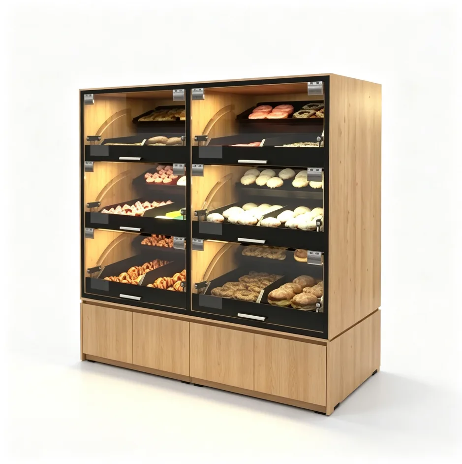 Wooden Double‑Side Glass Bakery Display Cabinet with Storage Base for Bread Pastry Shop