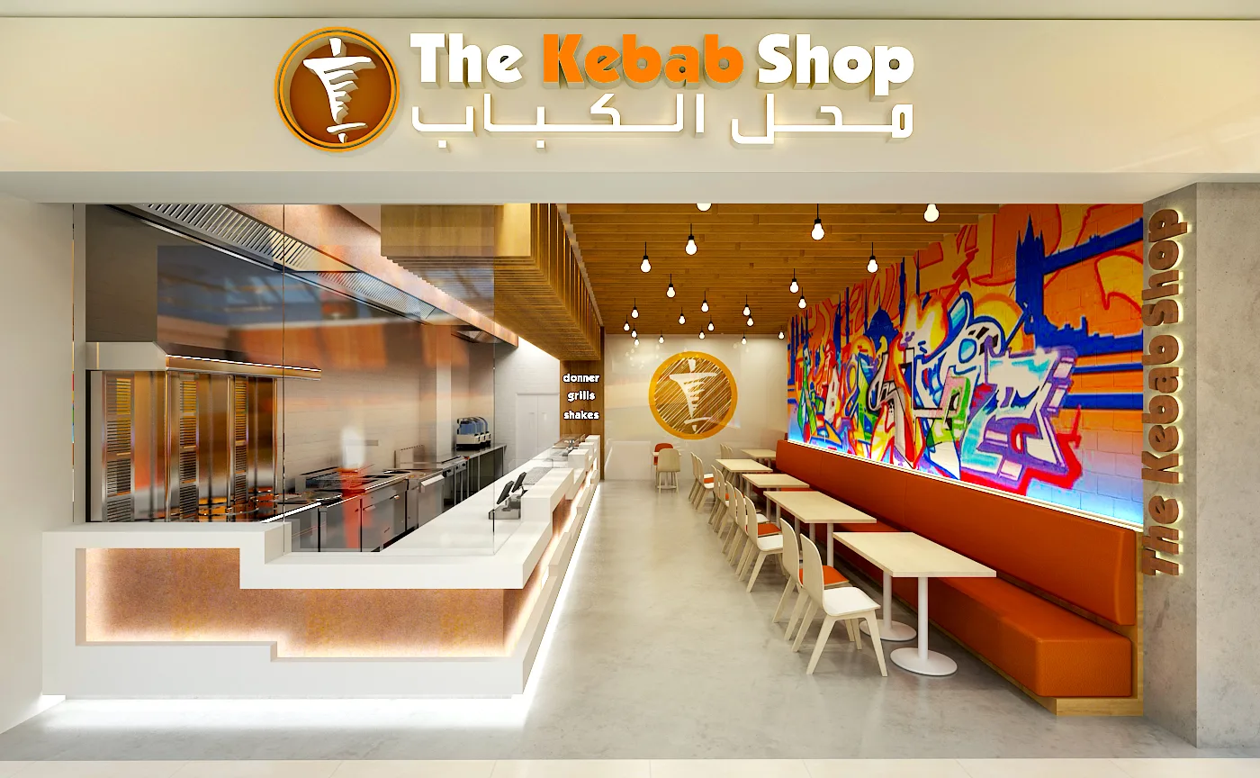 3d design Barbecue restaurant Fast food restaurant barbecue bar counter with bench and chairs