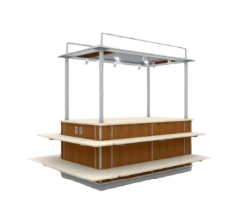 Wood-look retail merchandising unit with wraparound shelves and an overhead frame