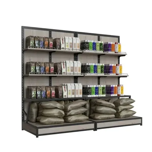 Stocked dark-frame retail shelving reference with packaged goods and lower bagged stock
