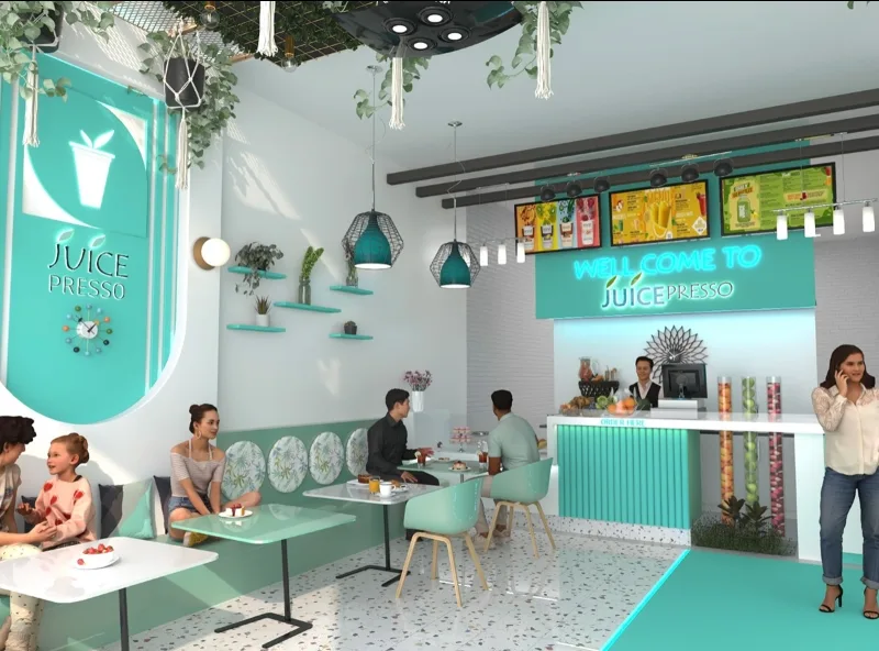 Sky Blue Juice shop modern beverage fruit display furniture Fruit tea Indoor display bar