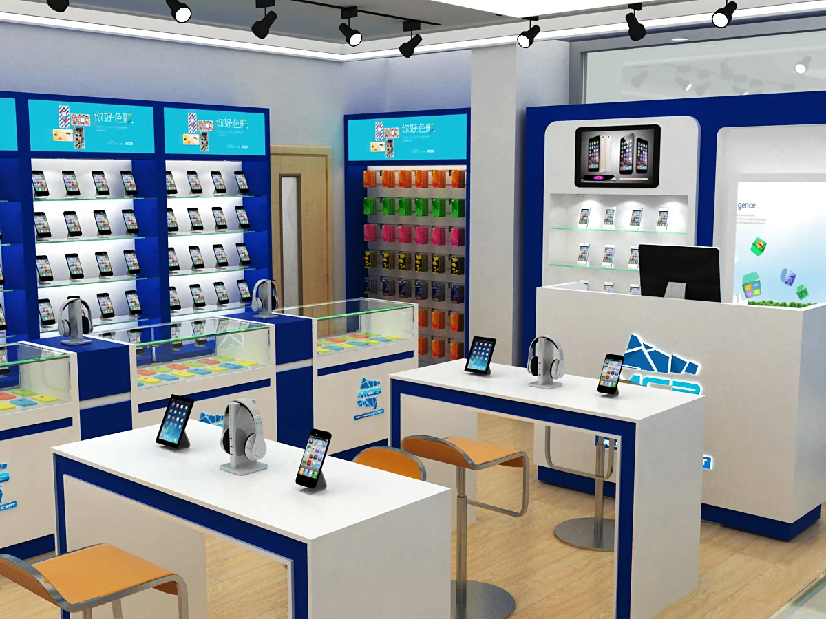 Mobile Shop Design, Displays Decorations – Vitality Blue Mobile Phone Store accessories retail cell phone counter glass showc