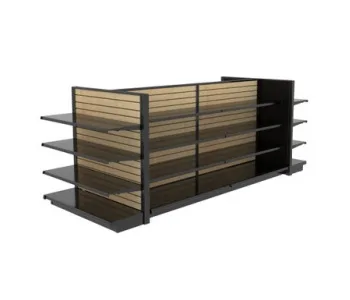 Double-sided wood-look slatwall gondola with black display shelves