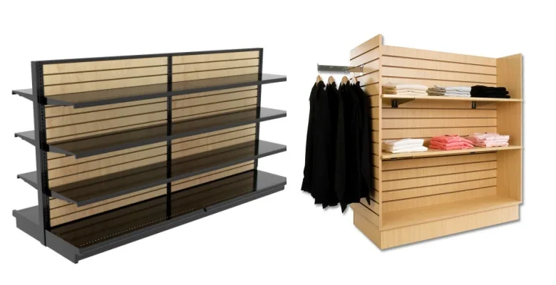 Slatwall gondola examples with display shelves and hanging clothing