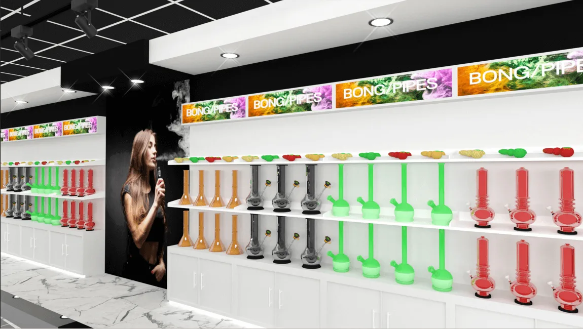 Vape Shop Displays, Interior Design Store Fixtures – Custom smoke shop furniture design with unique vape wall cabinet glass m
