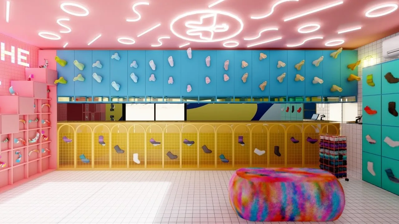 Socks Shop Design, Displays Rack Fixtures – Modern Socks Shop Design with White Wall Cabinets and High-end Display Stands ima