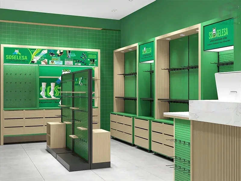 Socks Shop Design, Displays Rack Fixtures – Modern Socks Shop Design with White Wall Cabinets and High-end Display Stands ima