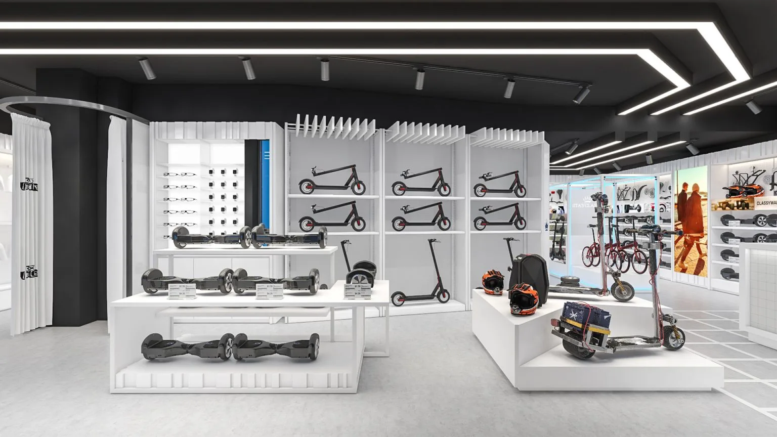 E-Scooter Store Design, Hoverboard Displays Shelving – Tech-Forward Hoverboard & E-Scooter Shop Design With Led Lighted Displ