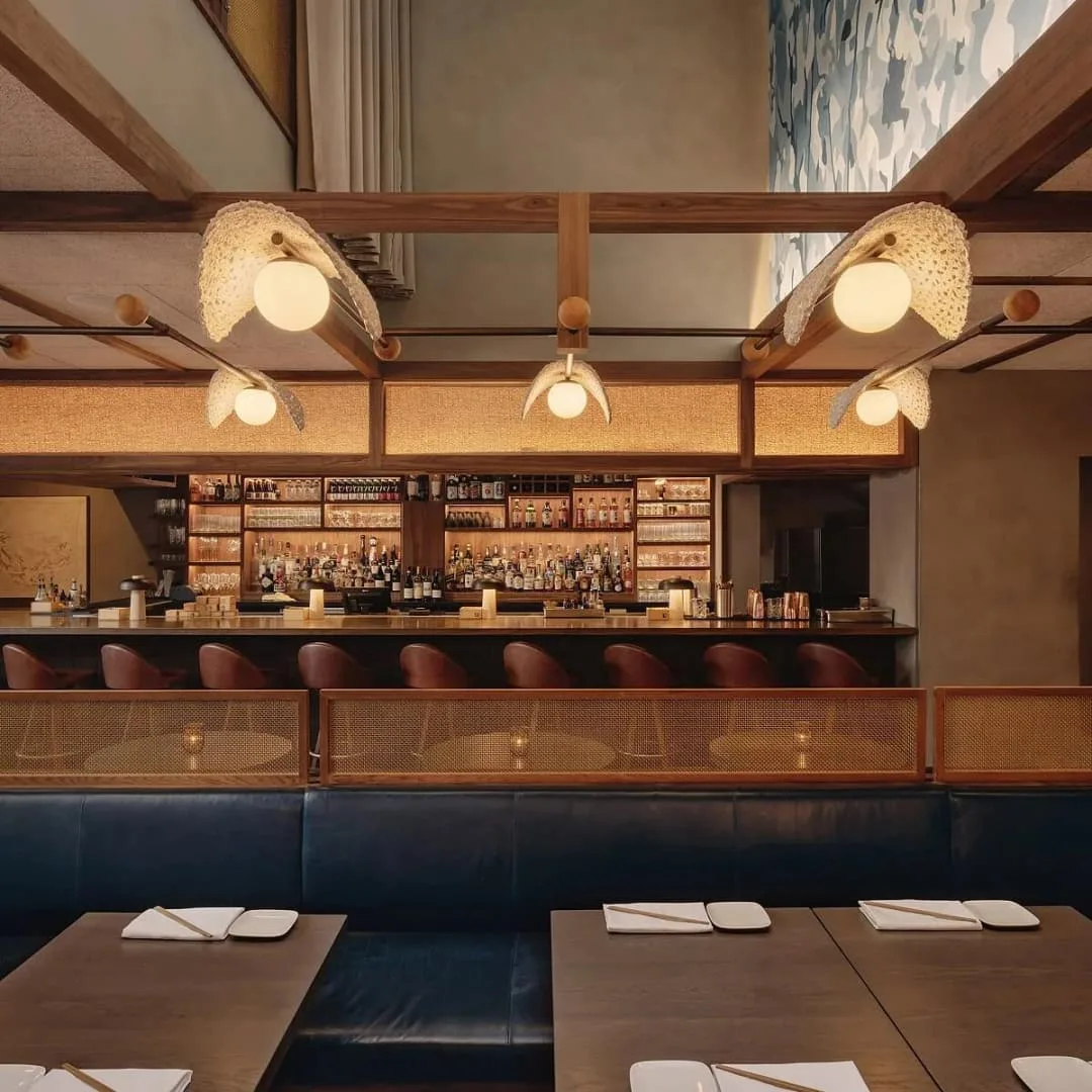 Sushi Restaurant Bar Design, Displays Furniture – Warm‑toned Wooden Sushi Restaurant with Open Bar and Textured Raw Interiors