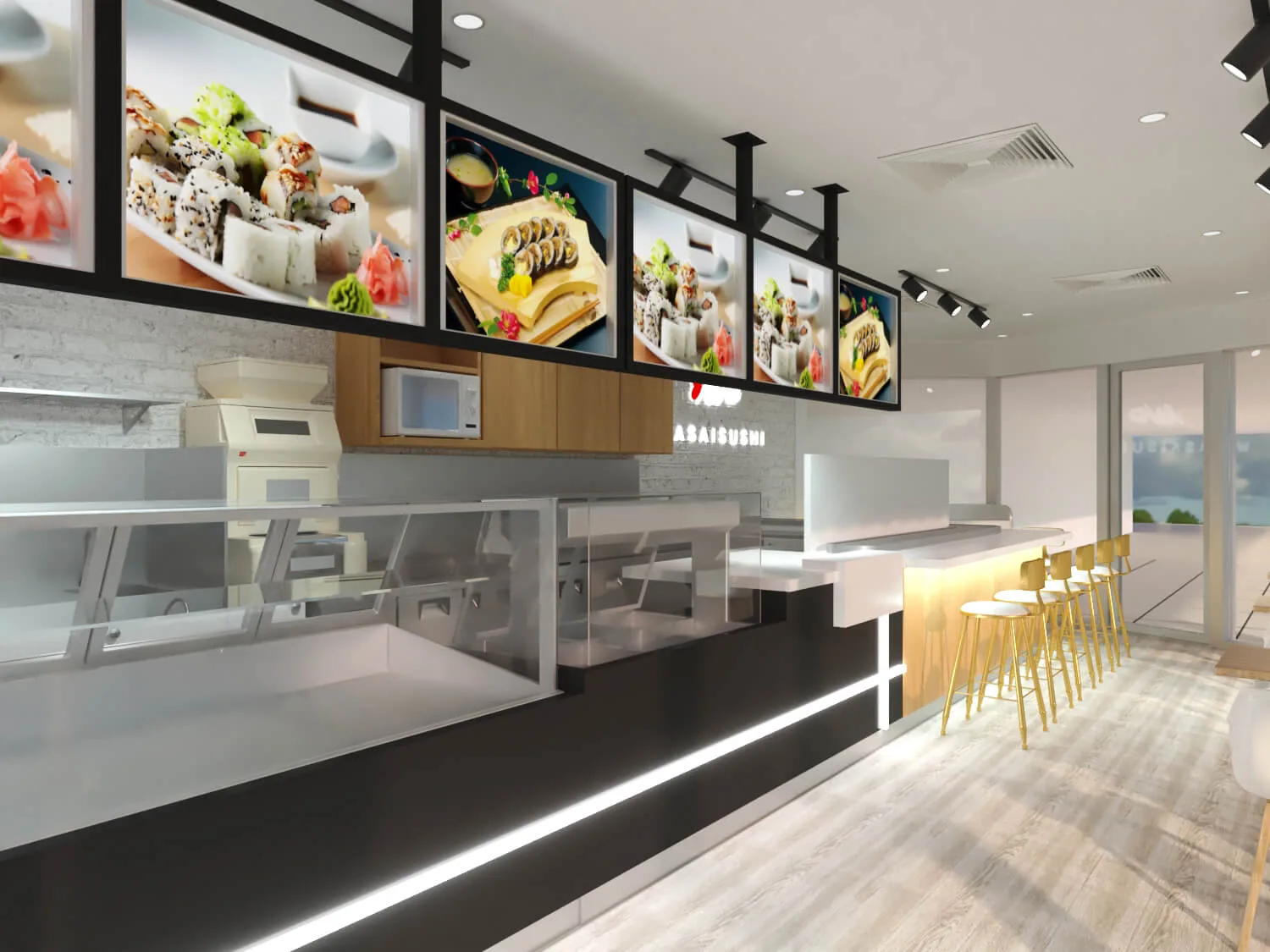 Sushi Restaurant Bar Design, Displays Furniture – Warm‑toned Wooden Sushi Restaurant with Open Bar and Textured Raw Interiors