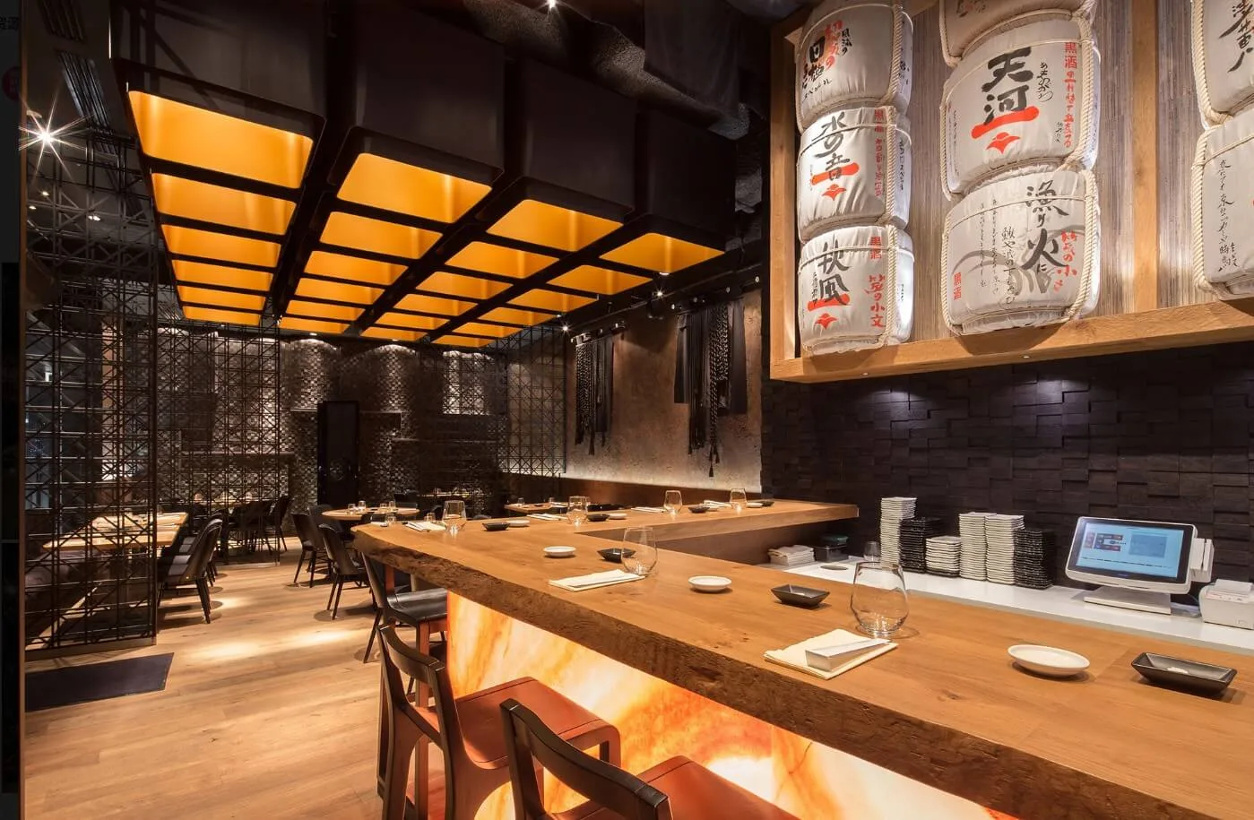 Sushi Restaurant Bar Design, Displays Furniture – Warm‑toned Wooden Sushi Restaurant with Open Bar and Textured Raw Interiors