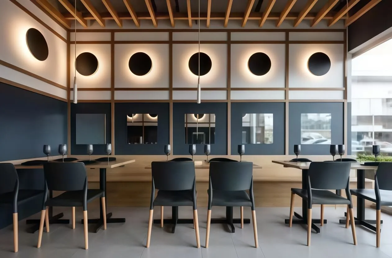 Sushi Restaurant Bar Design, Displays Furniture – Warm‑toned Wooden Sushi Restaurant with Open Bar and Textured Raw Interiors