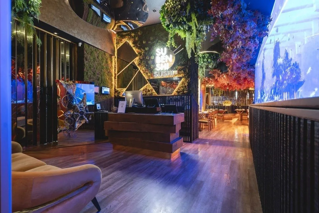 Sushi Restaurant Bar Design, Displays Furniture – Warm‑toned Wooden Sushi Restaurant with Open Bar and Textured Raw Interiors
