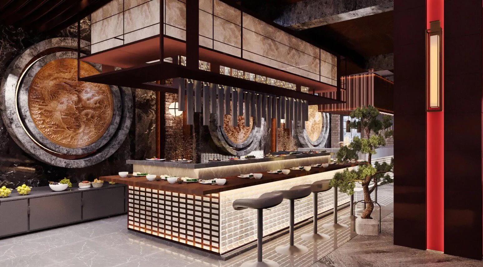Sushi Restaurant Bar Design, Displays Furniture – Warm‑toned Wooden Sushi Restaurant with Open Bar and Textured Raw Interiors