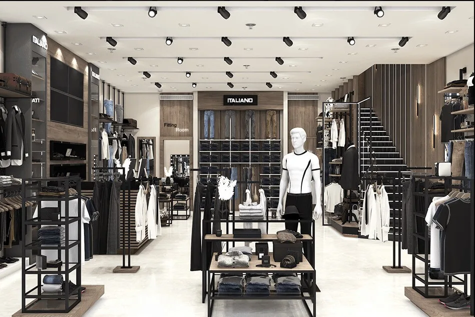 T-Shirt Store Design, Display Retail Fixtures – Big-size T-shirt Shop Design Mesh Clothing Display Racks and Clothing Hangers