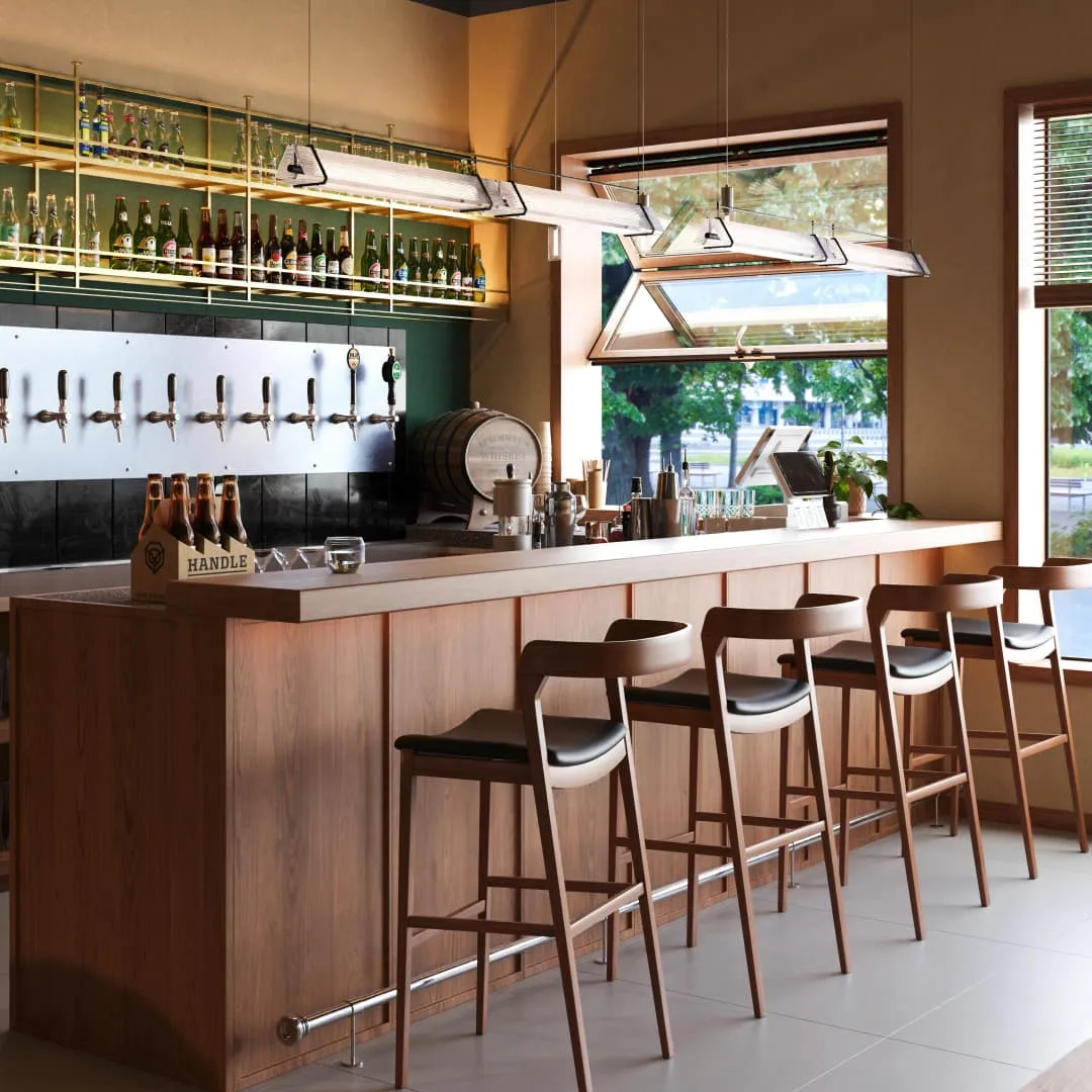 Tavern Design, Bar Displays, Commercial Furniture – Vintage Folk Pub Space Built Around Live Performance for Casual Drinking 