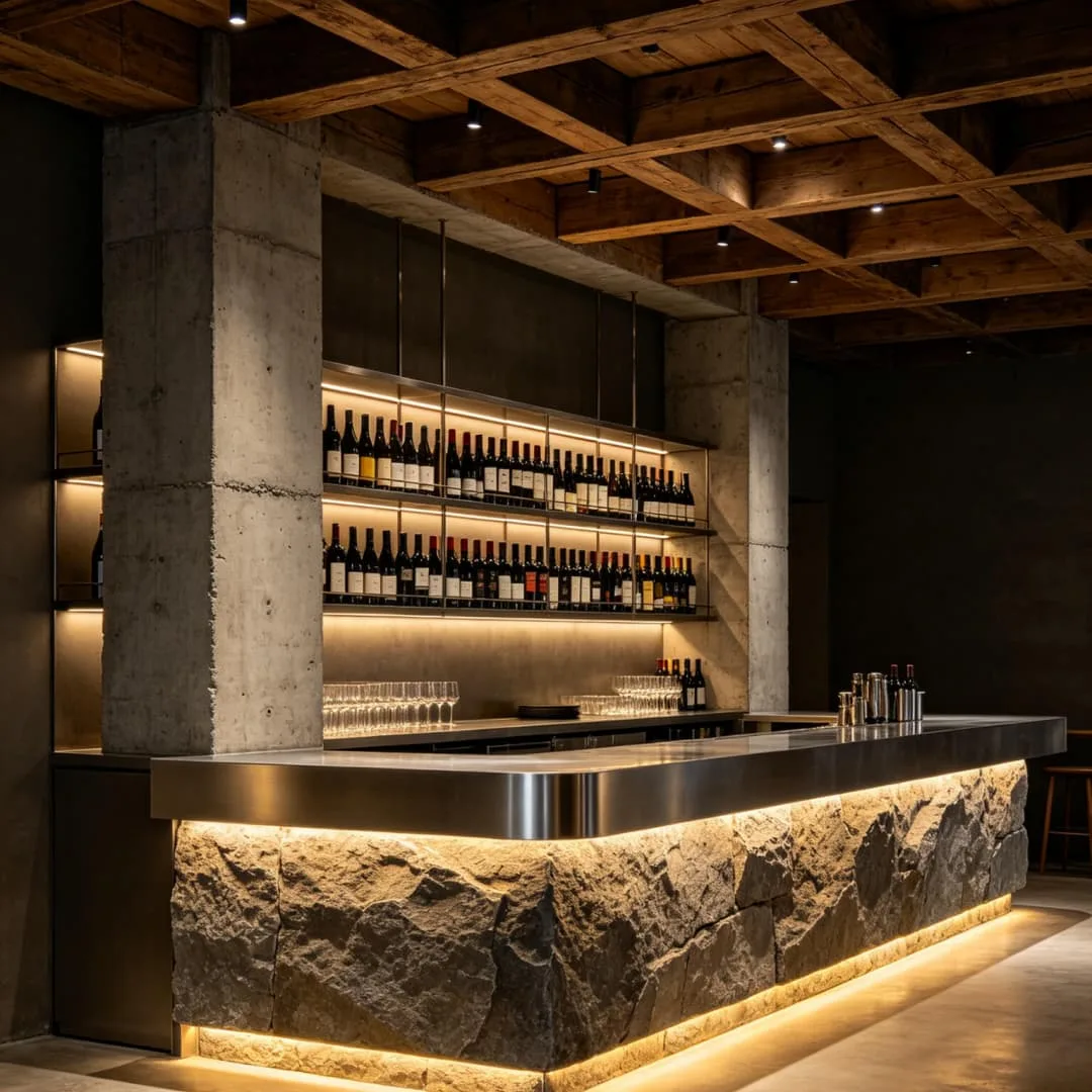 Tavern Design, Bar Displays, Commercial Furniture – Vintage Folk Pub Space Built Around Live Performance for Casual Drinking 