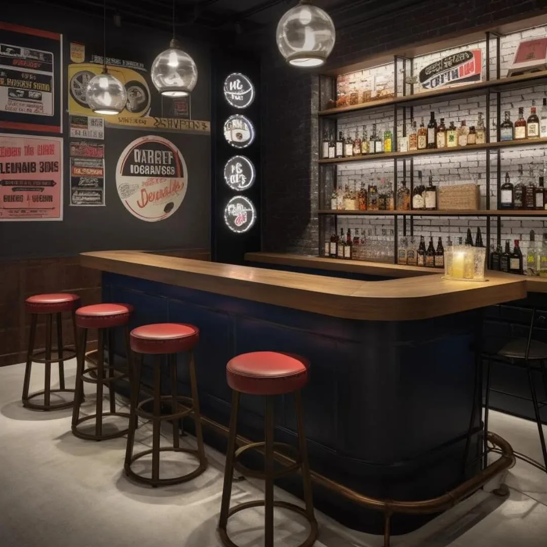 Tavern Design, Bar Displays, Commercial Furniture – Vintage Folk Pub Space Built Around Live Performance for Casual Drinking 